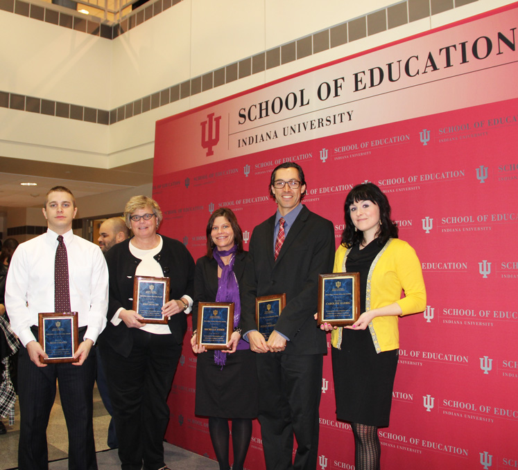 Jacobs Teacher Educator Award winners are, from left, Ross Cooper, Jody Duncan, Michelle Yoder, Michael Hernandez and Caroline Haebig. At right is Thomas Brush, the Barbara B. Jacobs Chair in Education and Technology.