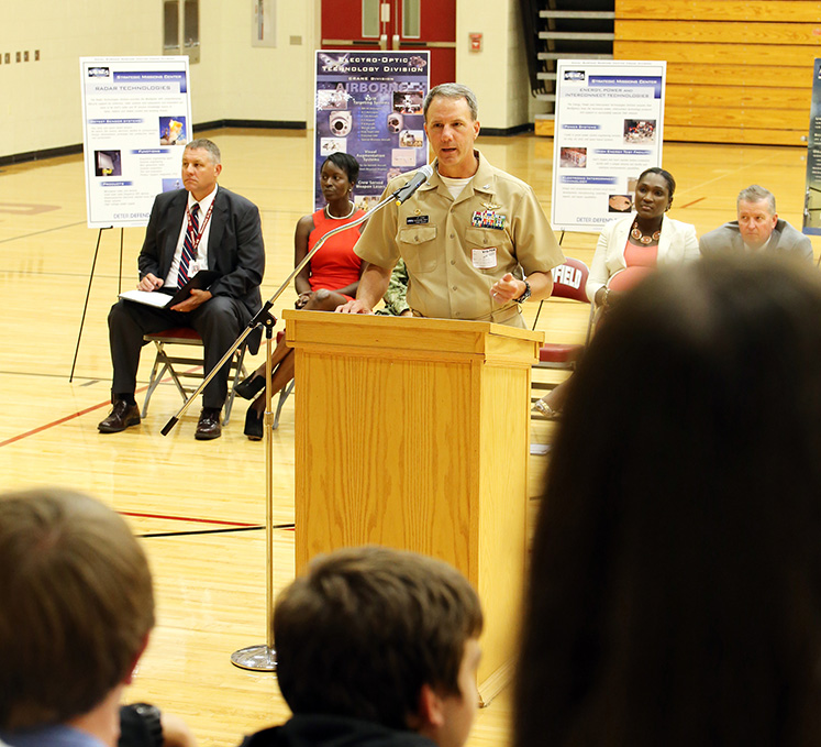 NSCW's Commanding Officer Captain Jeffery Elder addresses students and staff at the kick-off event