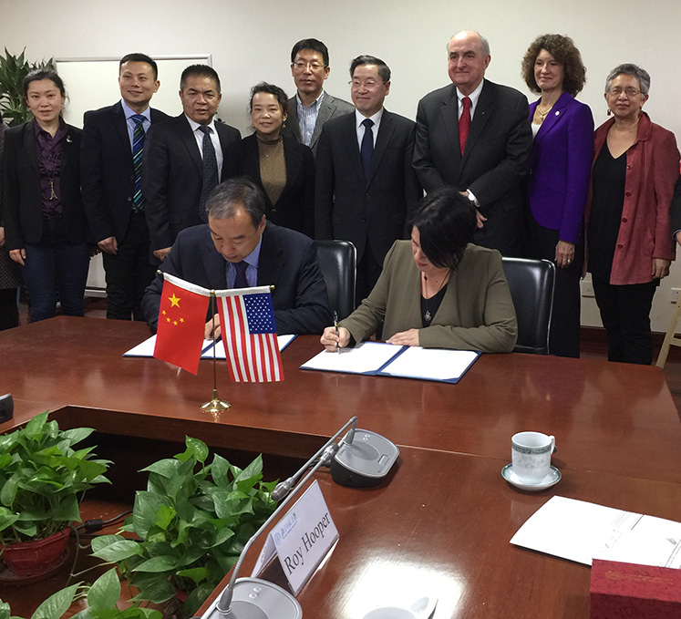The agreement is signed by BNU Faculty of Education Professor Liu Baocun, Director for the Institute for International Comparative Education (IICE) and Dr. Arlene Benitez, Interim Director for the School of Education’s Center for International Education, Development and Research (CIEDR)