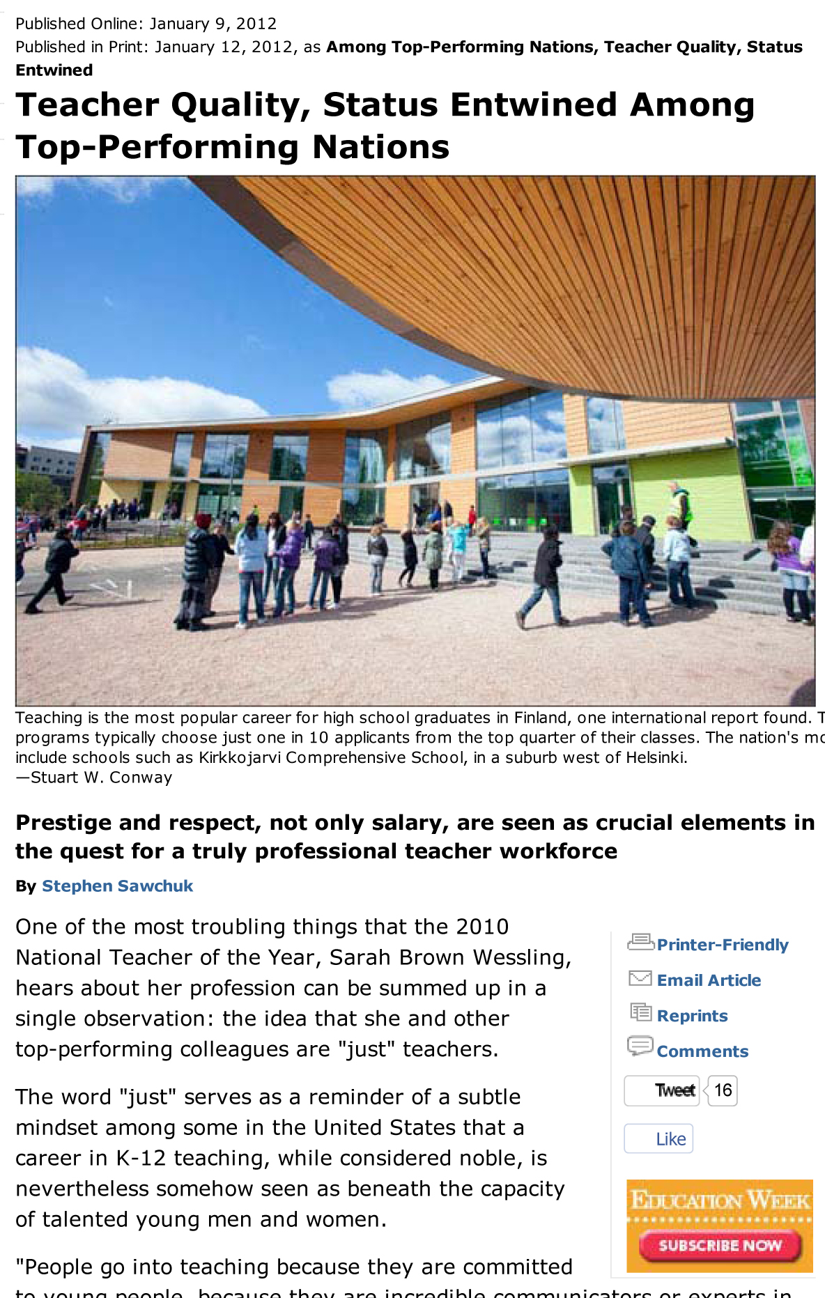 Teacher Quality, Status Entwined Among Top-Performing Nations