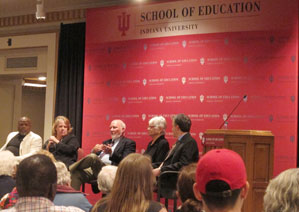Panelists were, from left, Kevin Brown, Roberta Kaplan, Steve Bonchek and Deborah Meier, with moderator James Damico.
