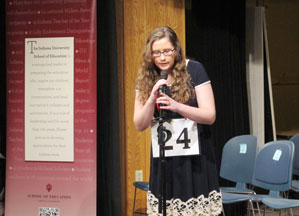 Alexandria Wilt, an eighth grader at Martinsville East Middle School, won the IU Bee, the regional competition for the Scripps National Spelling Bee. She'll compete in the national bee in May. (Photo by Beth Patton)