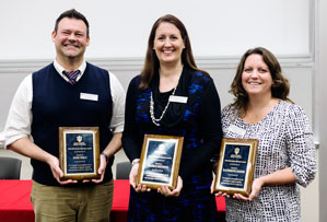 Newly-named Jacobs Teacher Educators include, from left, Josh Mika, Karen Mensing and Kate Baker. Not pictured is the fourth recipient, Tricia Fuglestad, who was unable to attend the award ceremony.