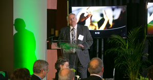 Sherwood addresses the Purdue College of Science alumni awards audience on April 12 (courtesy Purdue College of Science).