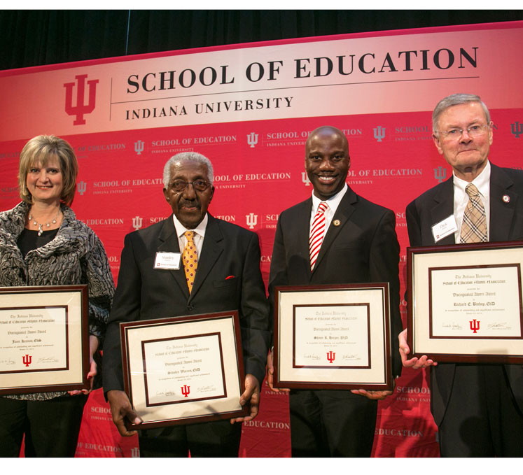 The IU School of Education 2014 Distinguished Alumni Award recipients, (L-R), Jann Keenan, Stanley Warren, Shaun Harper, and Dick Bishop.