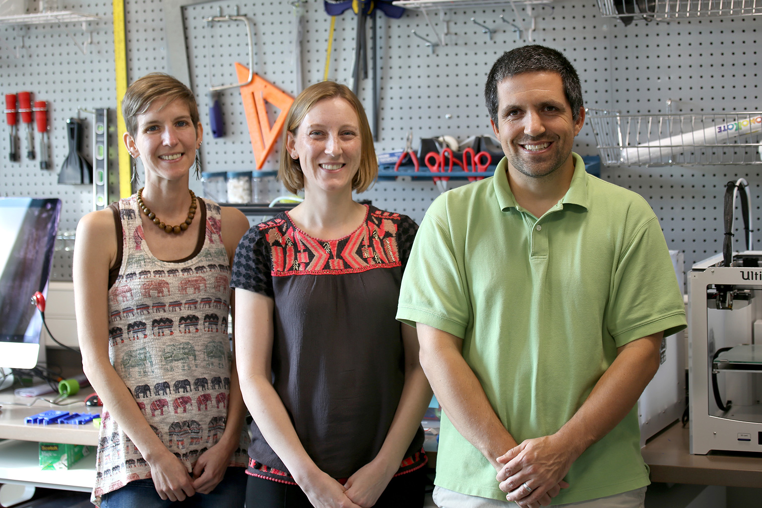 Visiting professor Amber Simpson, Alice Anderson with the Science Museum of Minnesota and associate professor Adam Maltese in the Make Innovate Learn Lab (MILL)