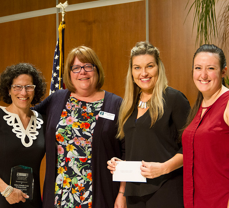 Left to right, Lynn Gilman (CHG Director), Jennie Vaughan (Ivy Tech Chancellor), Amanda Farris (CHG Clinic Coordinator), Elyssa Klann (Doctoral Student CHG-Ivy Tech Counseling and Outreach Program Coordinator)