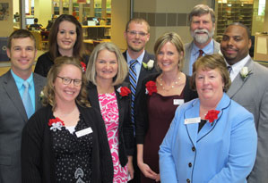 Front row from left are Amy Haywood and Janice Mitchener; middle row from left, Lucas Schroeder, Barbara Lynn, Katie Isch and Dominic Day; and back row from left, Jodi Dubovich and James Small, plus Pete Kloosterman, Martha Lea and Bill Armstrong Chair in Teacher Education at the IU School of Education