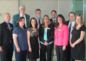 The 2014-15 Armstrong Teacher Educators, front row from left, Jason Schackow, Karen Koelm, Jill Kaufman, Julie Beaty, Wendy Tamborrino and Susi Clark; and back row from left, Peter Berg; Pete Kloosterman, the Martha Lea and Bill Armstrong Chair in Teacher Education; Eric Ambler; and James Lang.