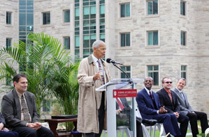 Julian Bond makes remarks during the ceremony marking the launch of the Inspire Living-Learning Center.