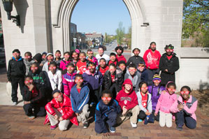 Indianapolis Cold Spring Environmental Magnet School third-graders at IU's Sample Gates during their visit to the IU Bloomington campus.