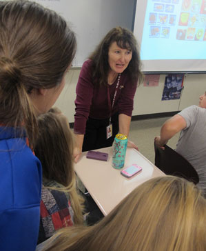 Fiona Jeffries, a Fulbright visiting teacher from New Zealand, presents about her home country to students at Bloomington North High School.