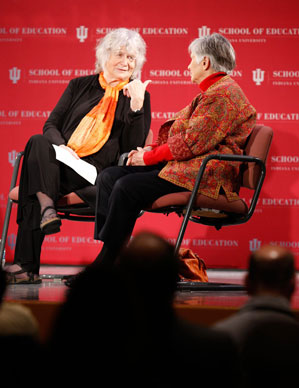 Deborah Meier, left, speaking to education activist Diane Ravitch during an event at Indiana University on April 27, 2011.