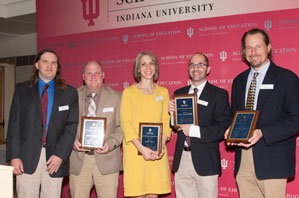 From left, Tom Brush, the Barbara B. Jacobs Chair in Education and Technology; Troy Cockrum, language arts teacher, St. Thomas Aquinas School, Indianapolis; Mary Kolf Tapia, art specialist, Lyon Elementary School, Glenview, Ill.; Steve Auslander, fifth-grade teacher, Allisonville Elementary School, Indianapolis; and Jeff Peterson, science teacher, Center Grove Middle School, Greenwood.
