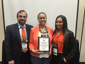 Wright-Fields (center) with Ray Plaza (L) of Bowling Green State University and chair of the Latin@ Network Directorate of ACPA, and Tina King (R) of California State University, Fullerton, Awards Chair of the Latin@ Network.